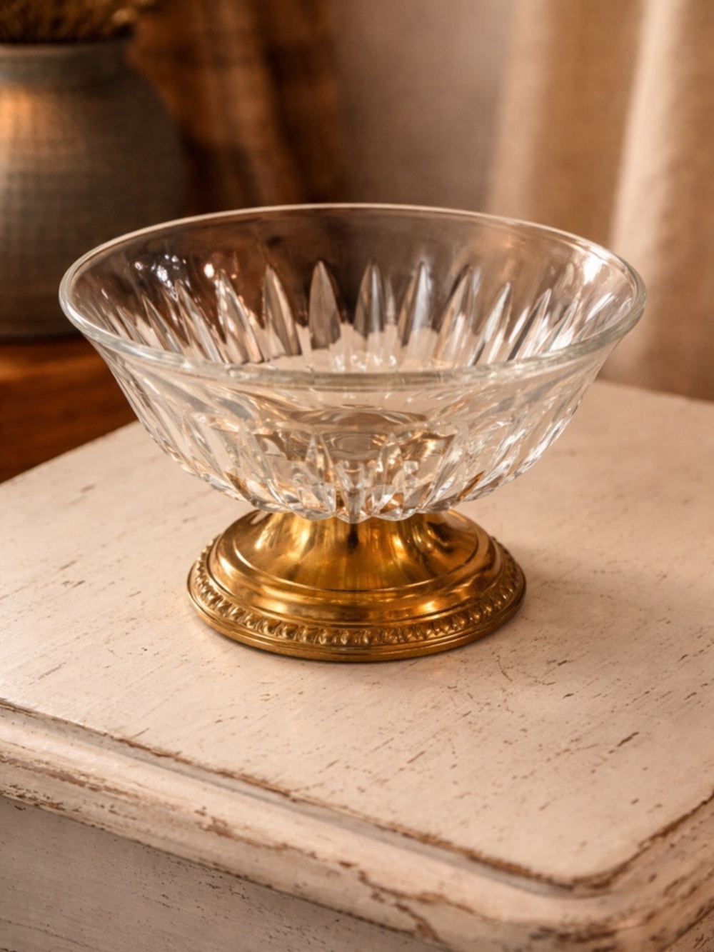 Vintage Divided Crystal Bowl w Gold Base